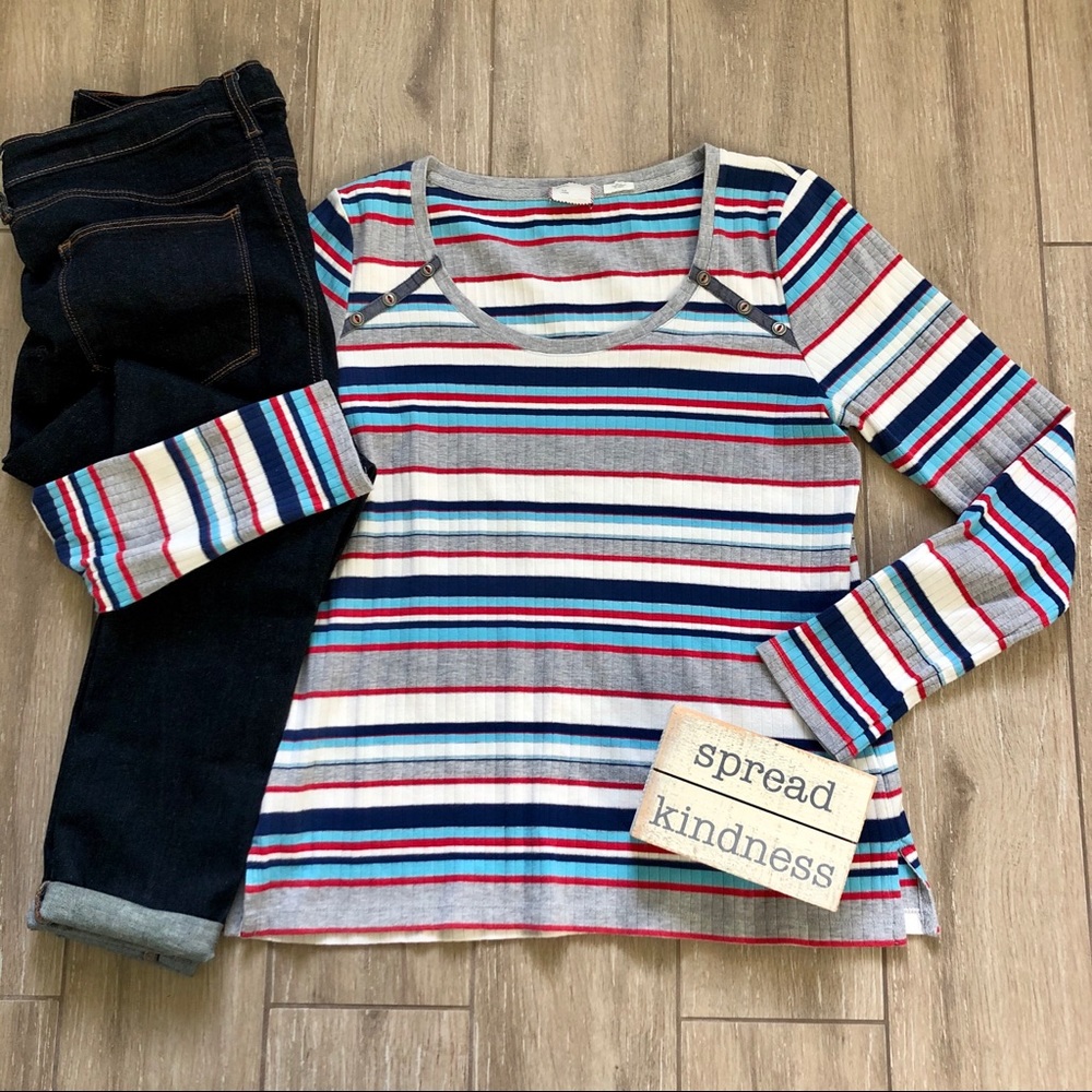 Anthropologie Postmark Stripe Joliette Long Sleeve Ribbed Tee Scoop Neck Large